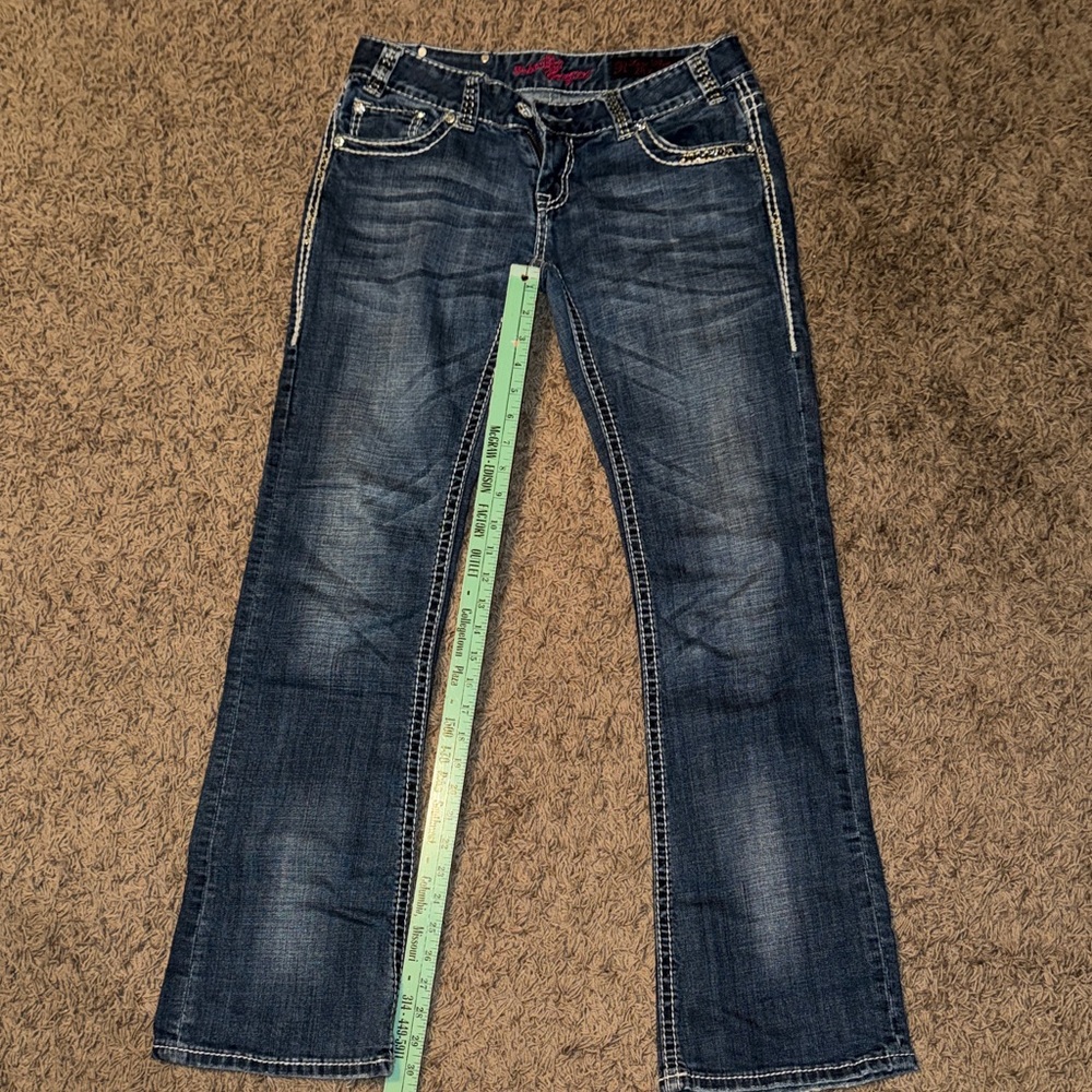 Rock & Roll Cowgirl Medium Dark Low Rise Blue Bootcut Jeans with Whiskering